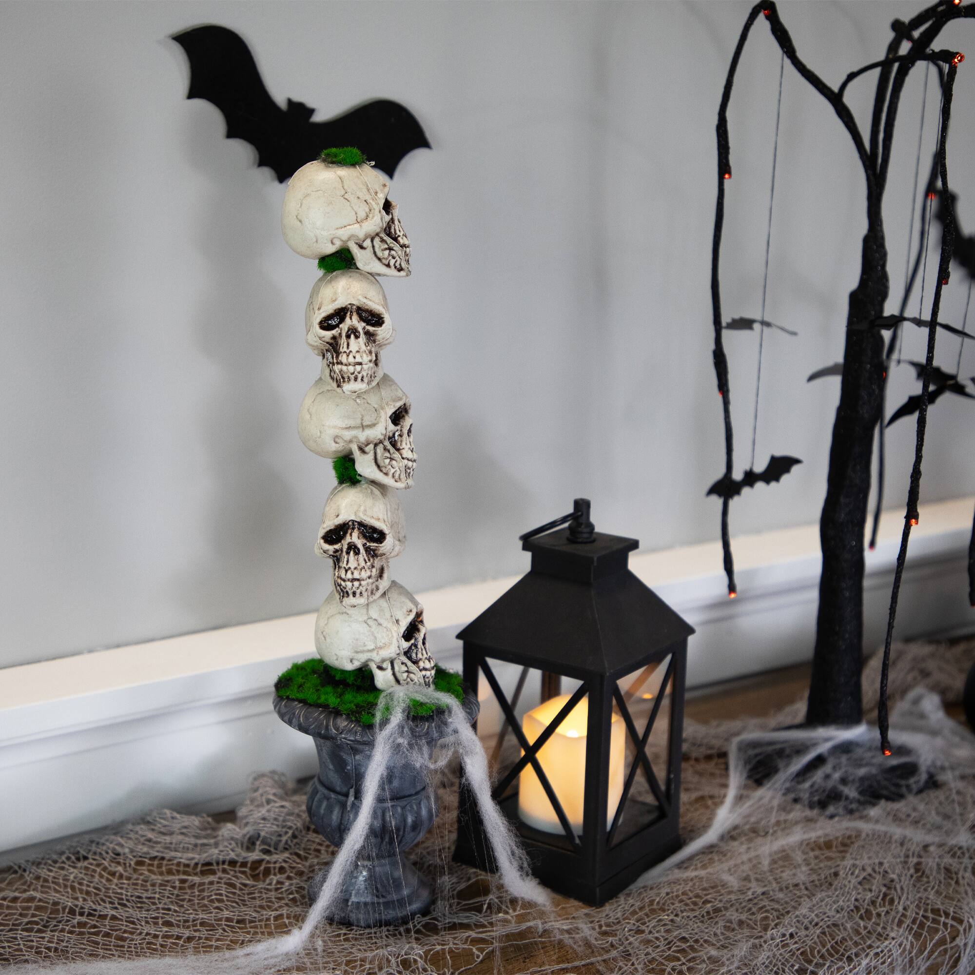 16" Skull Tower Topiary in Urn Halloween Decoration